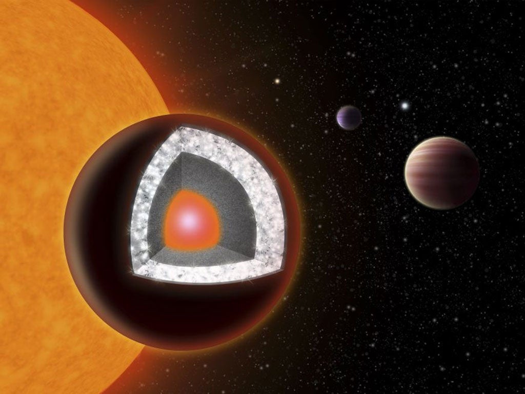 The interior of the planet 55 Cancri e - an extremely hot planet with a surface of mostly graphite surrounding a thick layer of diamond