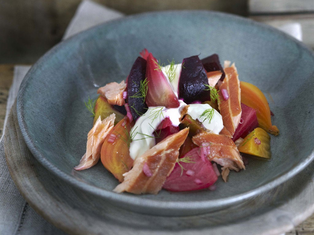 Hot-smoked salmon, beetroot salad and horseradish crème fraîche, by Raymond Blanc