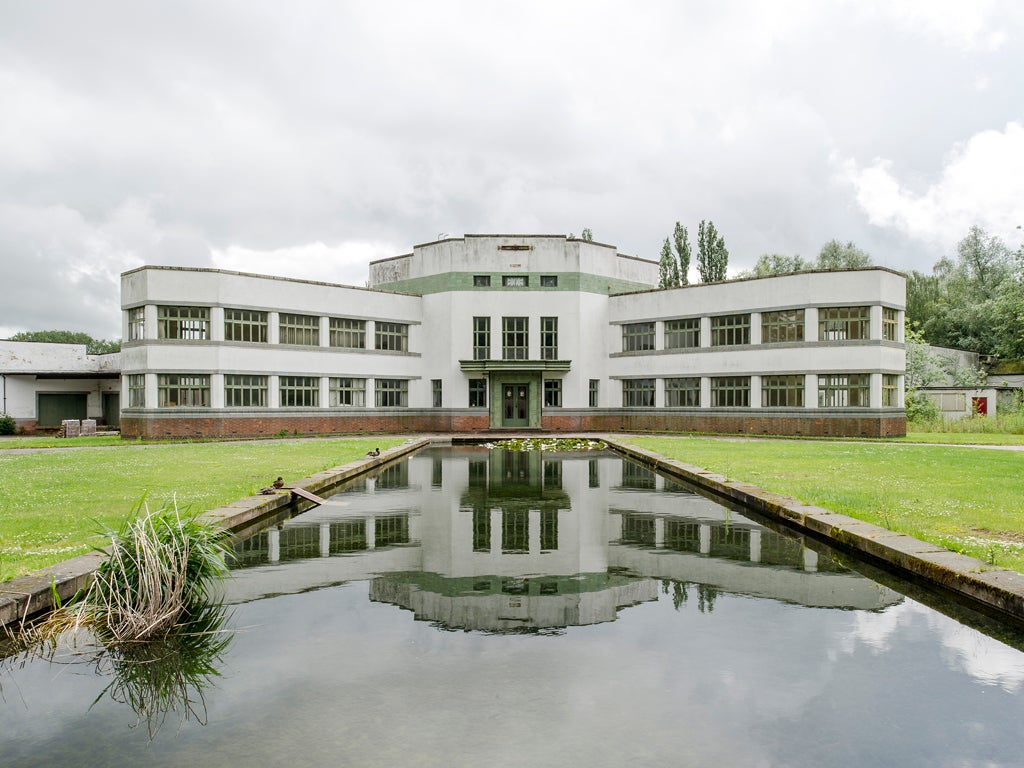 The art deco facade of the former W Pearce & Co leatherworks factory near Northampton