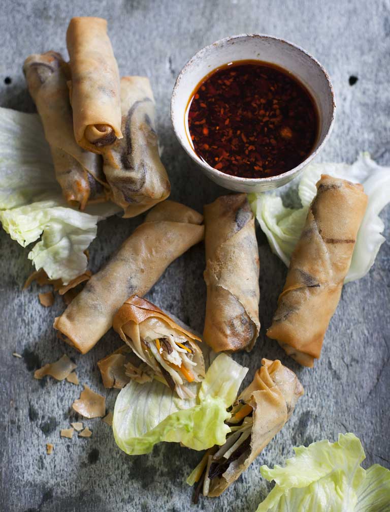 Take a dip: Spring rolls filled with smoked chicken and shiitake and dried black fungus mushrooms