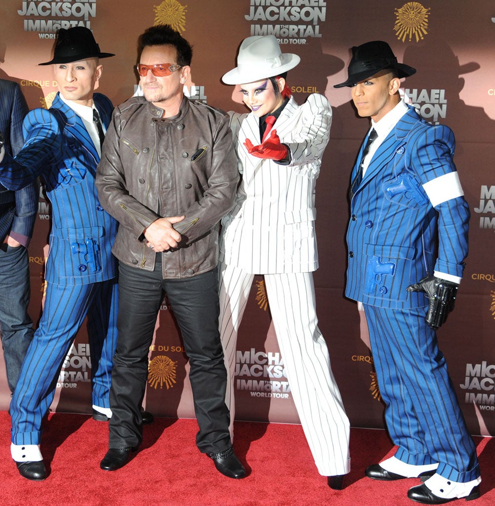 Bono and members of Cirque Du Soleil at Michael Jackson, the Immortal World Tour', The O2, London, Britain - 12 Oct 2012