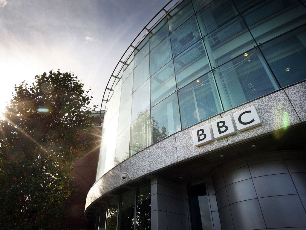 The BBC logo is displayed above the main entrance to Television Centre on October 18, 2007 in London.