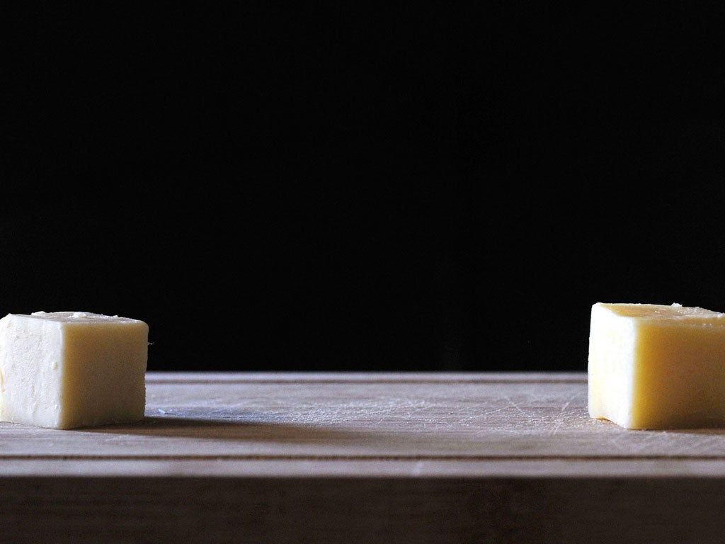 The cheese on the left is mass-produced in a Dutch factory. The one on the right is matured in muslin for a year. They both have the same name so how can we tell the difference?