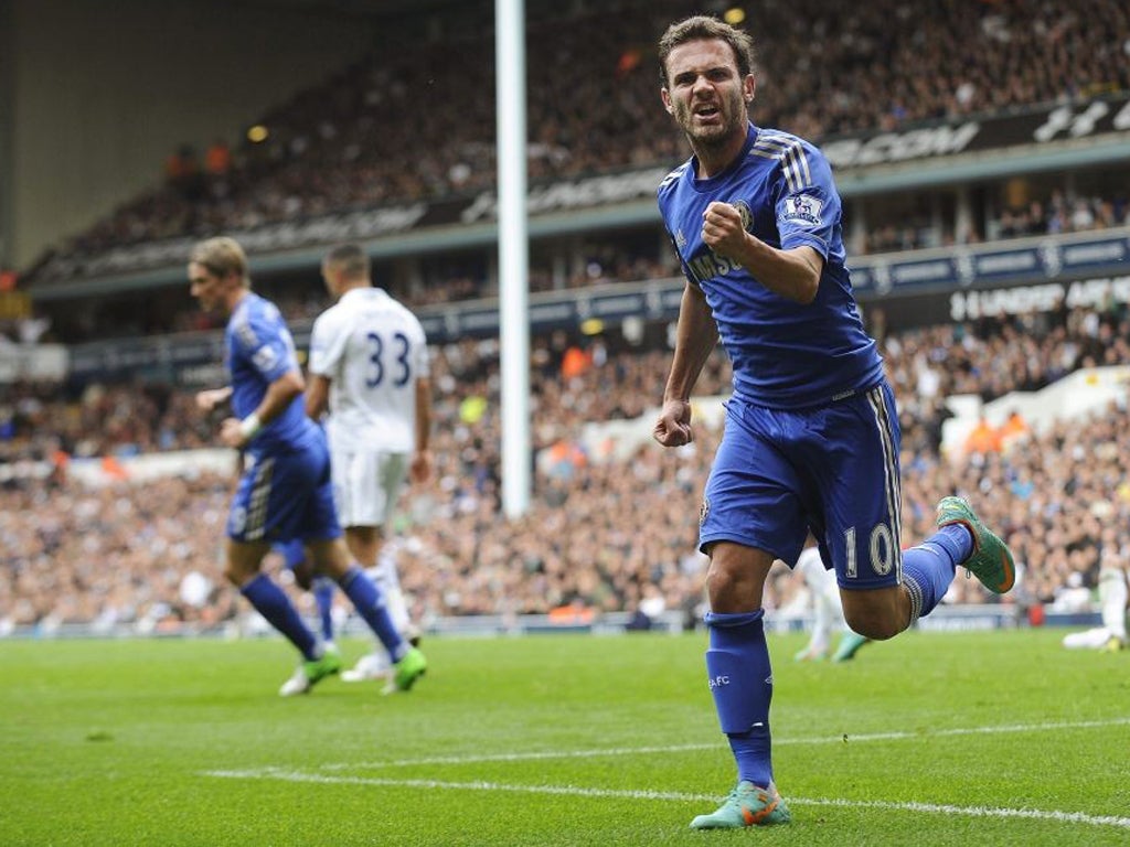 Juan Mata scored twice in two minutes to crush Andre Villas-Boas' hopes of exacting revenge on his former employers Chelsea at White Hart Lane.