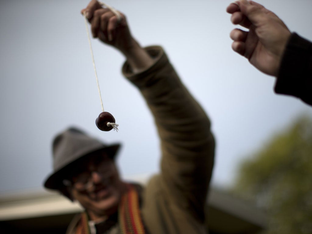 Competitors take part in the annual conker championships during the Hampstead Heath Heritage Festival