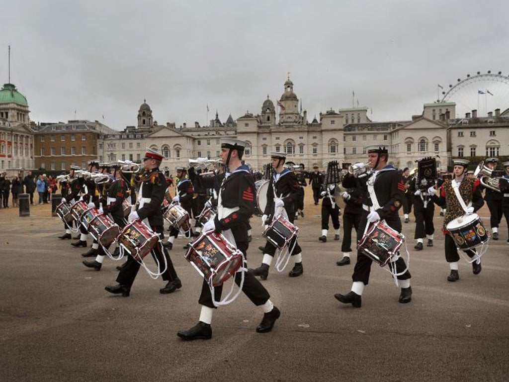 Sea Cadets marching out of Horse Guards Parade on their way to Trafalgar Square yesterday