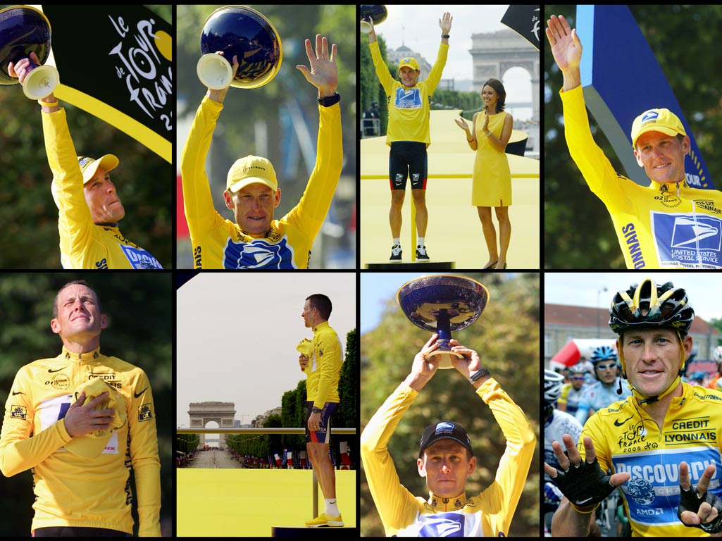 Lance Armstrong celebrating his seven Tour titles