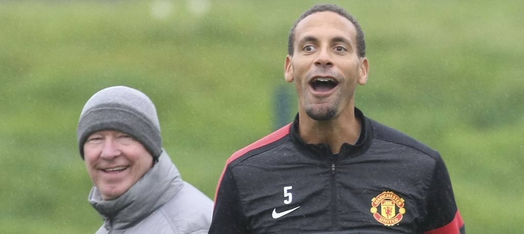 Rio Ferdinand and Alex Ferguson pictured in training yesterday