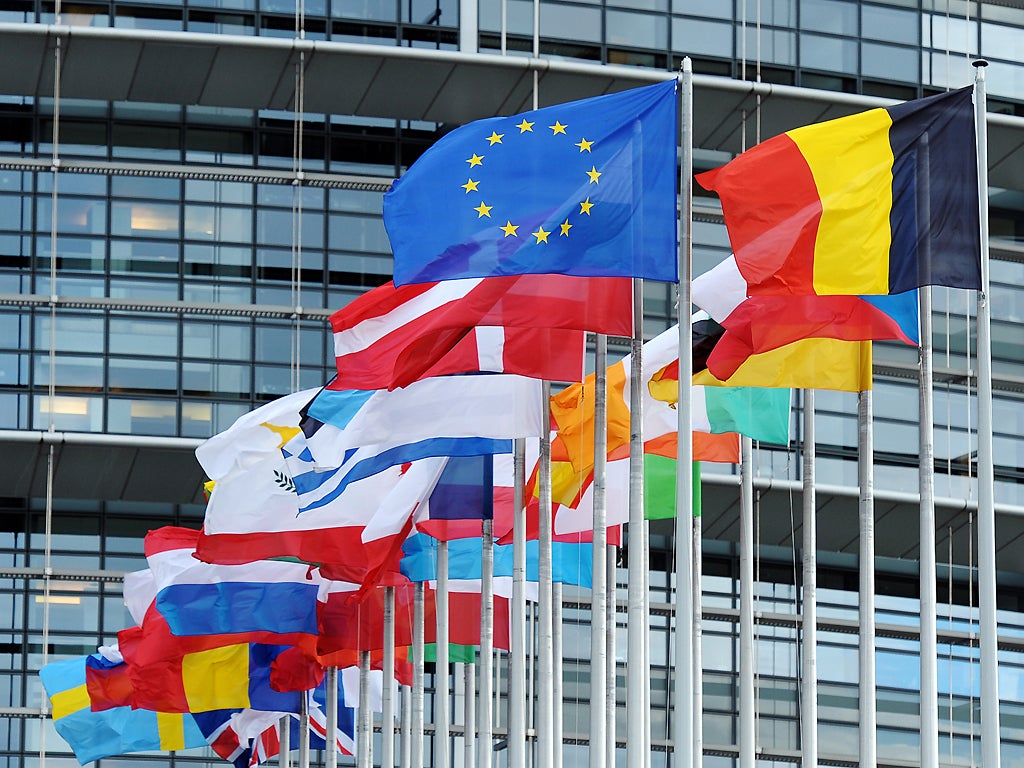 The European Union flag flies among European Union member countries' national flags in front of the European Parliament in Strasbourg