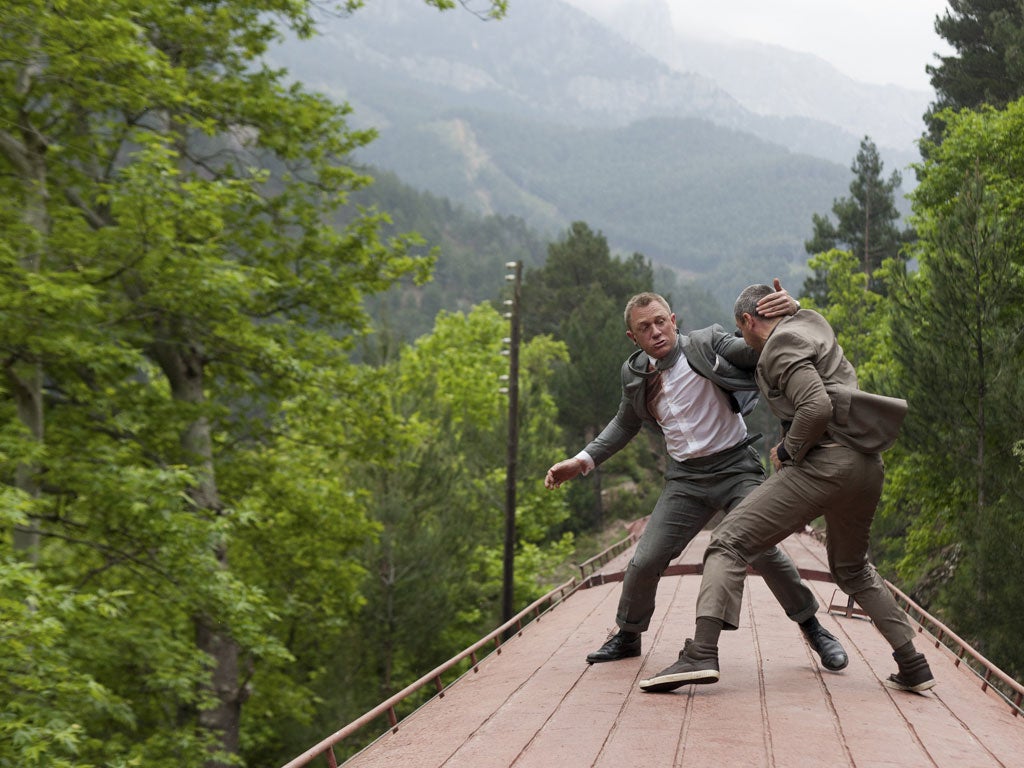 Daniel Craig and Ola Rapace fight on the roof of a train in Skyfall