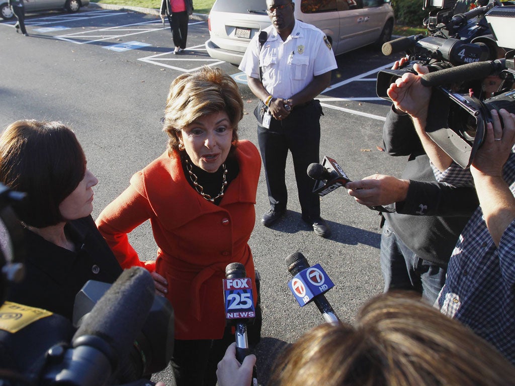 Lawyer Gloria Allred talks with reporters outside the court in Massachusetts yesterday