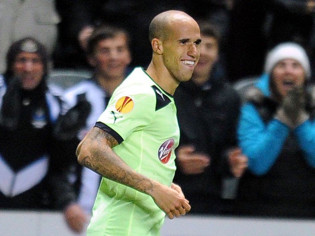 Gabriel Obertan grins after giving Newcastle the lead last night