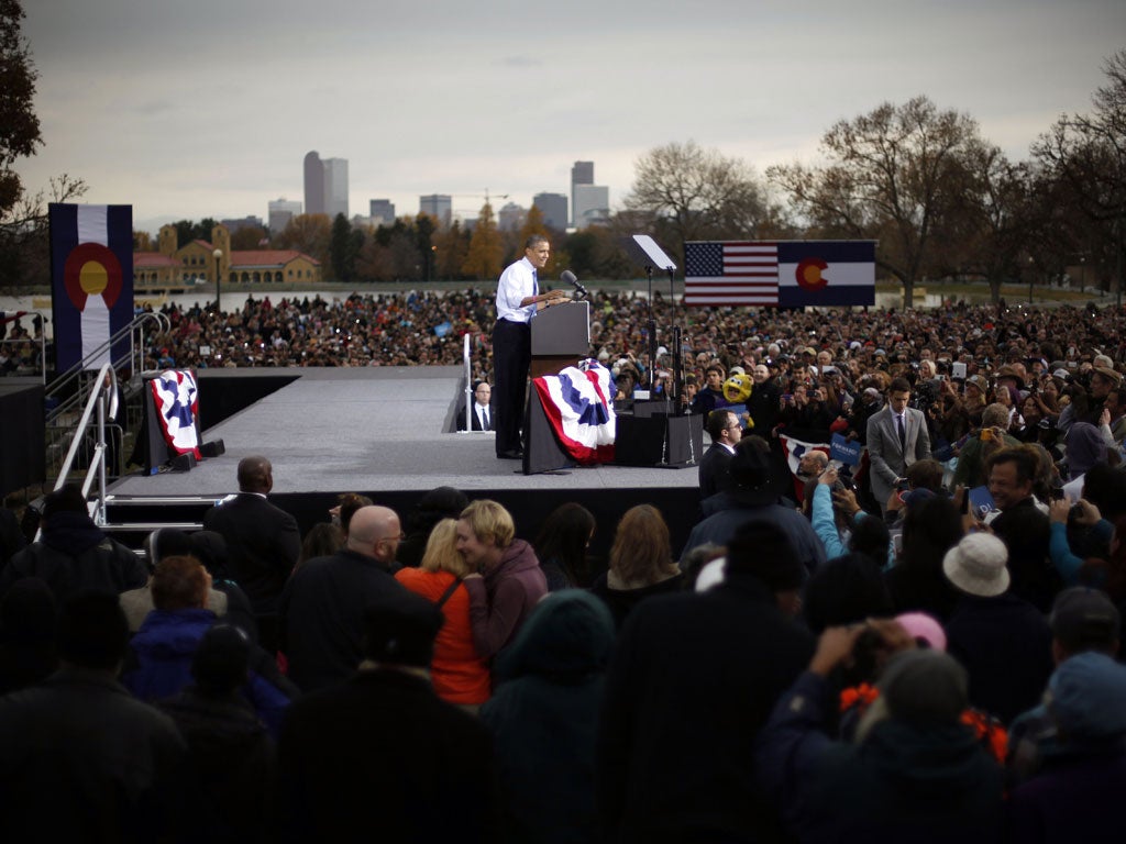 Rallying cry: Barack Obama back in Denver last week, in less triumphant mood than four years' ago