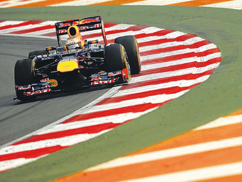 Sebastian Vettel on his way to victory in New Delhi, where team-mate Mark Webber was third