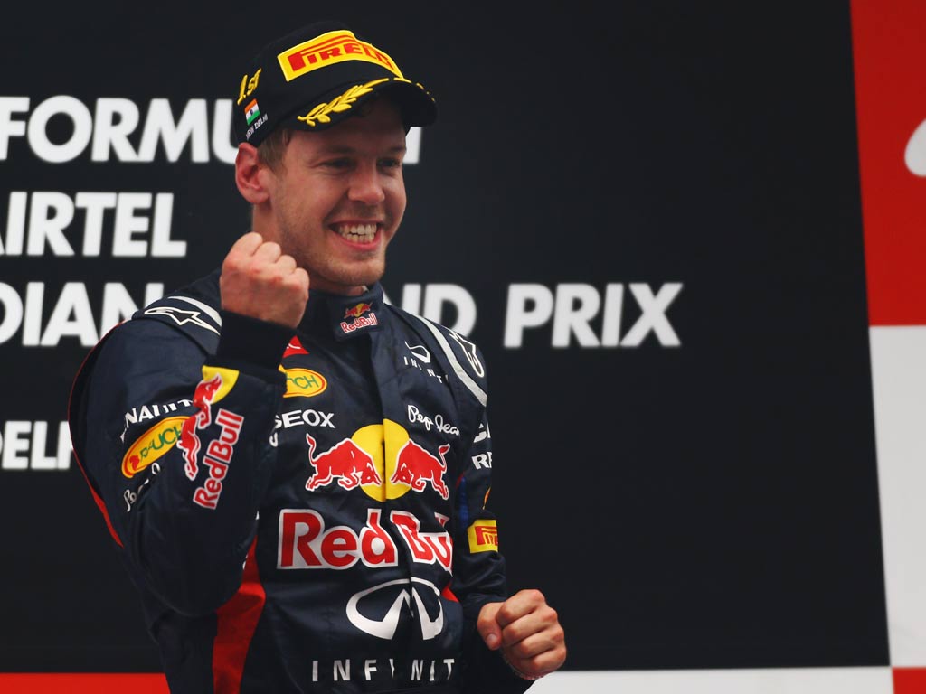 Sebastian Vettel celebrates victory at the Indian Grand Prix