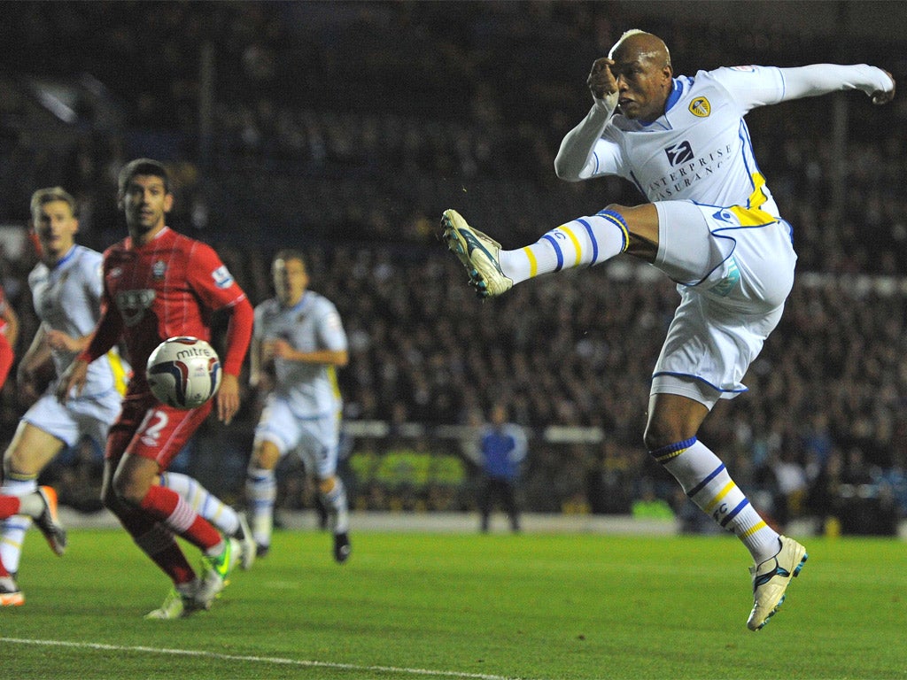 El-Hadji Diouf tries a shot at the Southampton goal at Elland Road