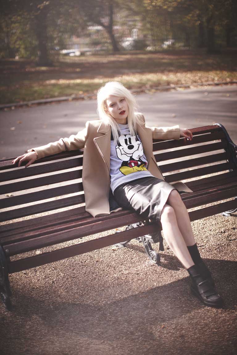Mickey Mouse jumper, £45, by Urbanoutfitters, urbanoutfitters.co.uk; leather skirt, £75, by Miss Selfridge, missselfridge.com; biker coat, £505, by Sandro, 133 sloane street, london SW1, 020-7259 9539; flat shoes, £365, by LD Tuttle, doverstreet market.com