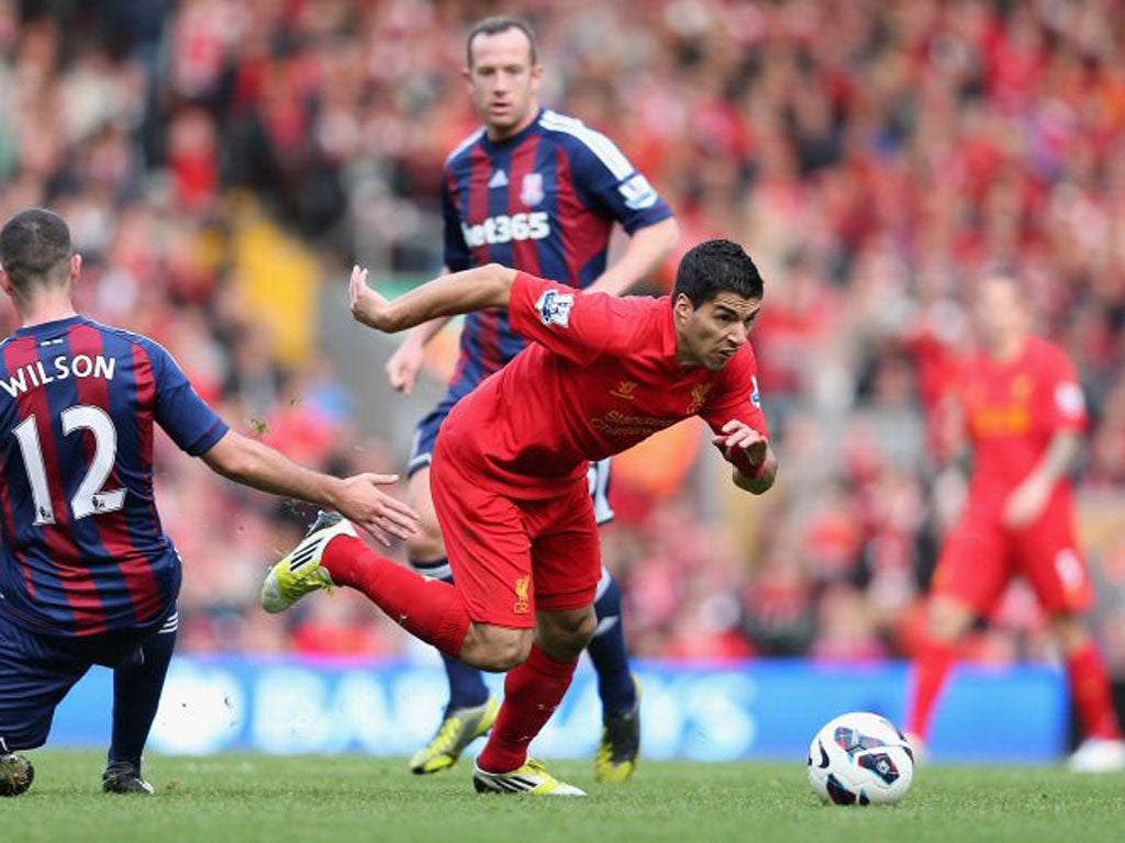 1. Luis Suarez v Stoke</br>
The Liverpool forward hit the deck several seconds after an attempted challenge from Marc Wilson last month.