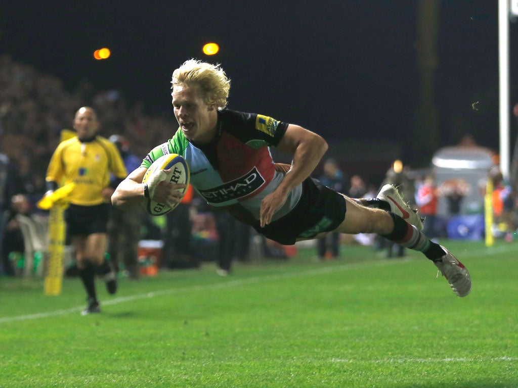 In like quins: Matt Hopper dives to score Harlequins’ second try against Gloucester