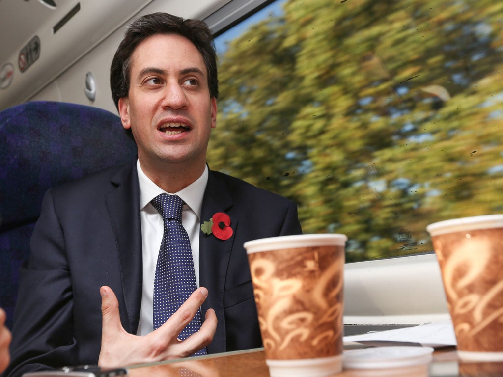 On line: The IoS joined Ed Miliband on the Virgin 14.04 train from Runcorn, Cheshire, to London Euston on Friday