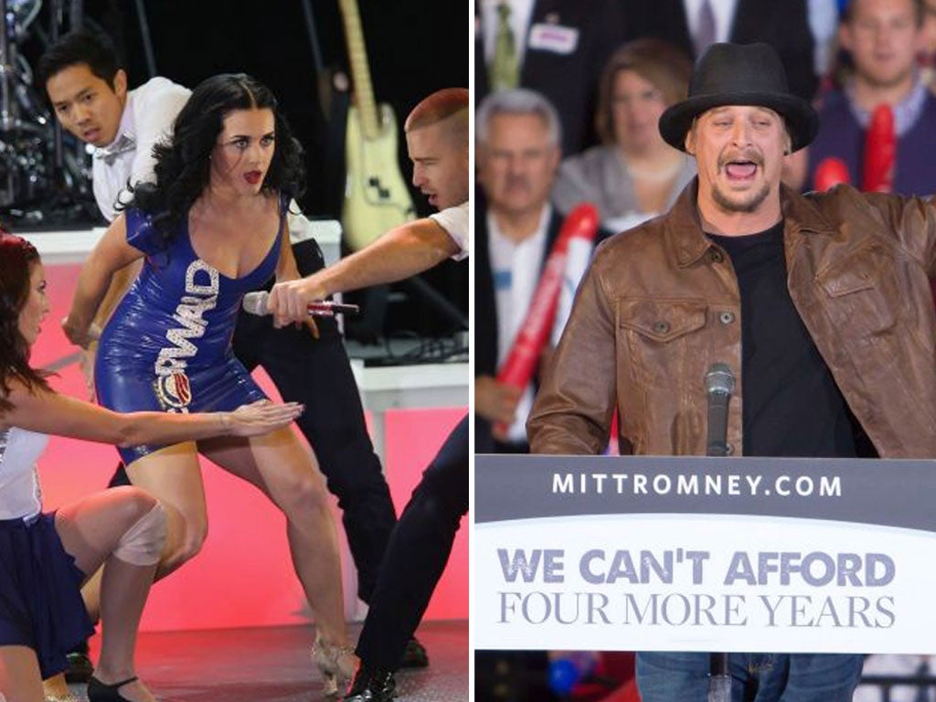 Katy Perry at an Obama event in Milwaukee, left, and Kid Rock campaigns for the Romney camp