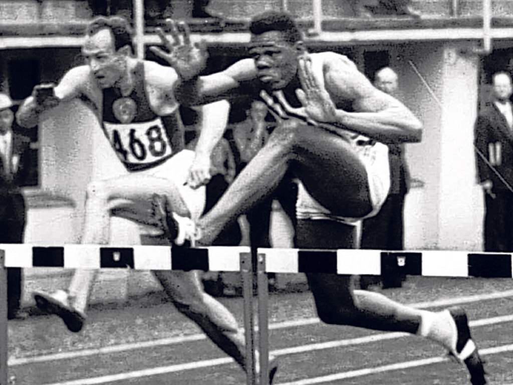 Campbell in the decathlon 110m hurdles at the 1952 Olympics