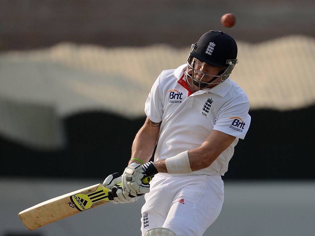 England batsman Kevin Pietersen ducks to avoid a ball