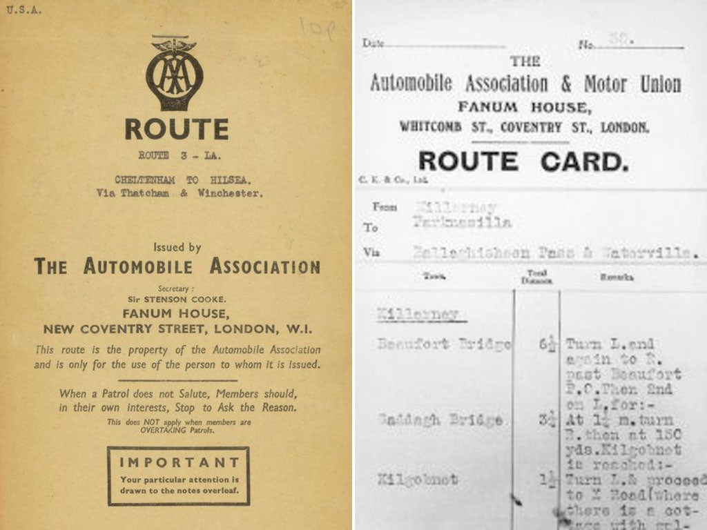 Drive time: early route cards supplied by the AA