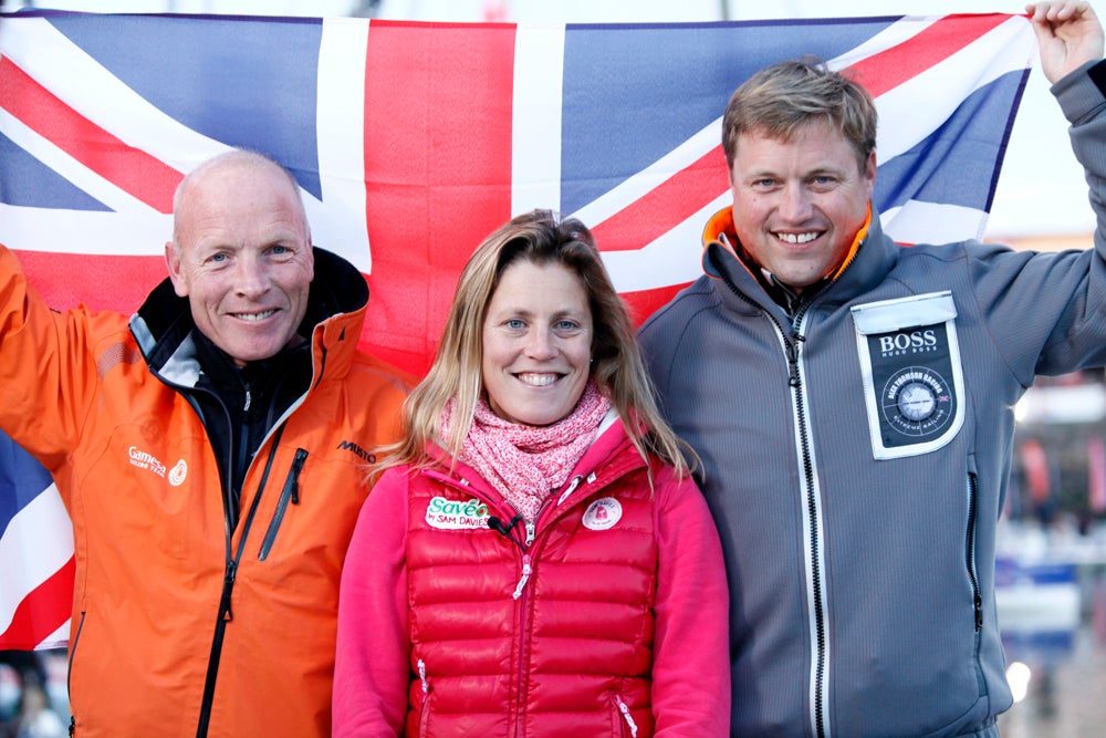 A trio of Brits line up take on the French racing solo round the world, Mike Golding (Gamesa) left, Sam Davies (Savéol) centre, and Alex Thomson (Hugo Boss) right