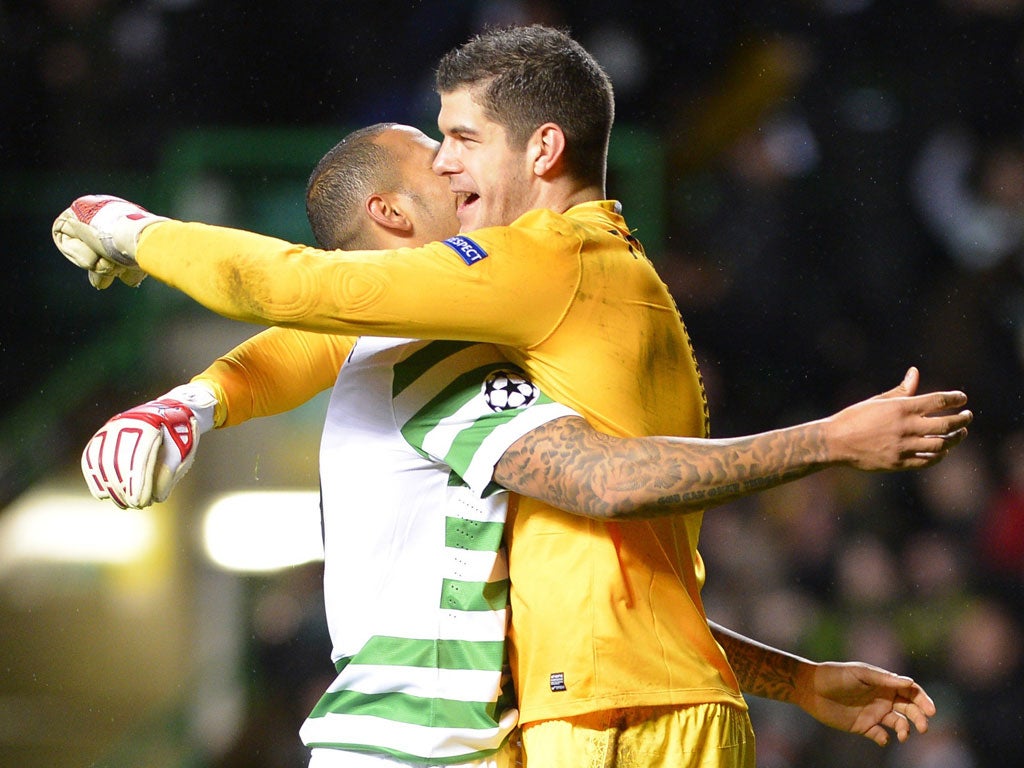 Buoyant mood: Fraser Forster (right) and Kelvin Wilson relish victory over Barça