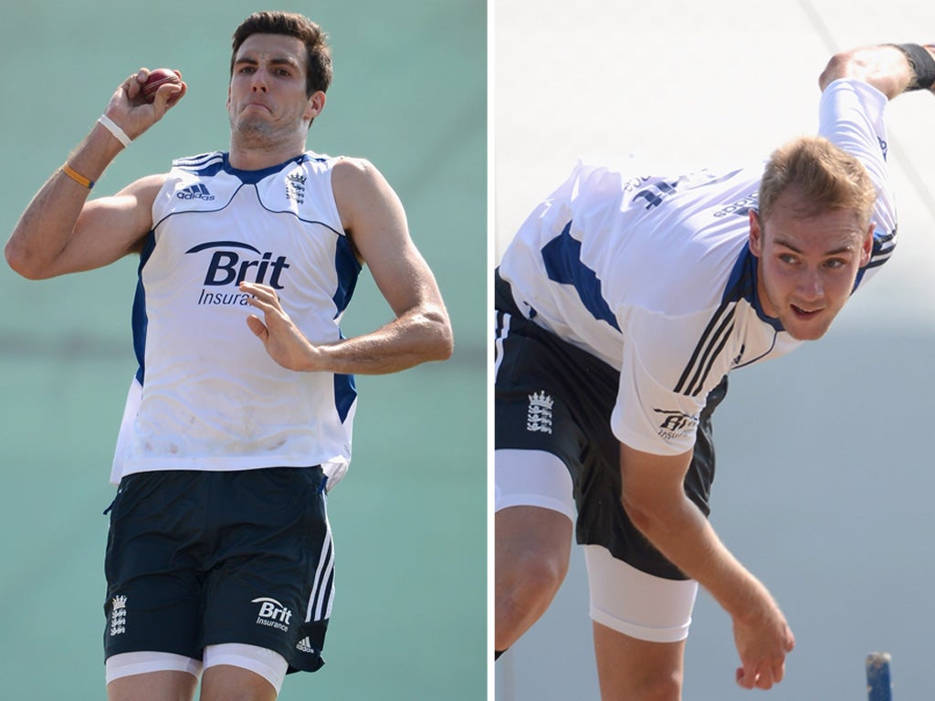 England bowlers Steven Finn (left) and Stuart Broad in action in the nets yesterday