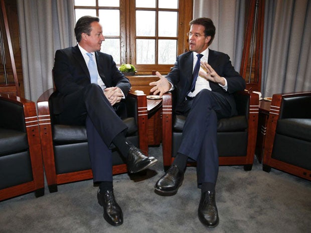 Dutch Prime Minister Mark Rutte (right) speaks to David Cameron at the Binnenhof in the Hague