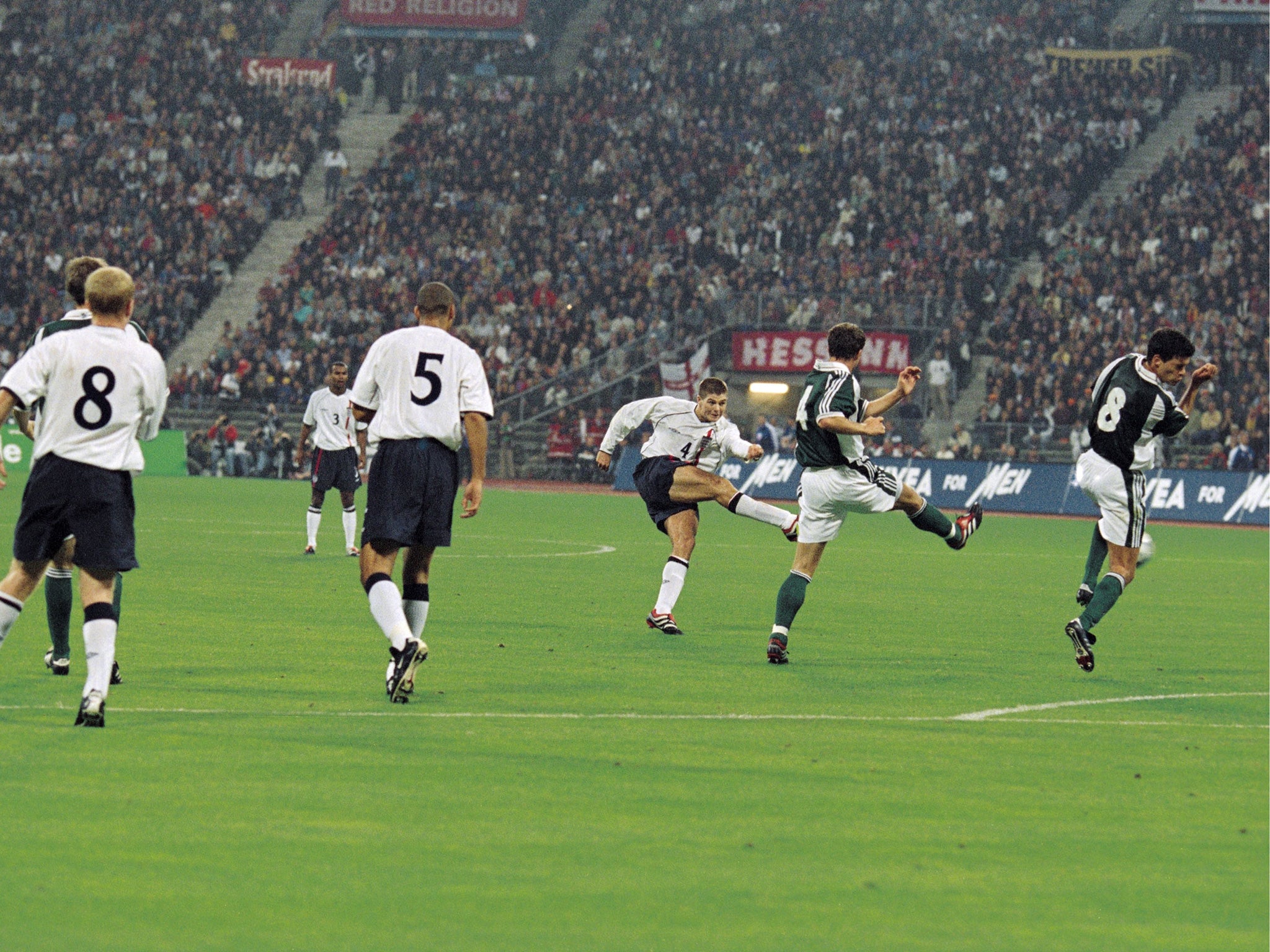 1 September 2001: Gerrard scores his first England goal- the second in a historic 5-1 win over Germany in Munich. In an all-Liverpool affair, the other goals came from Emile Heskey and a Michael Owen hat-trick