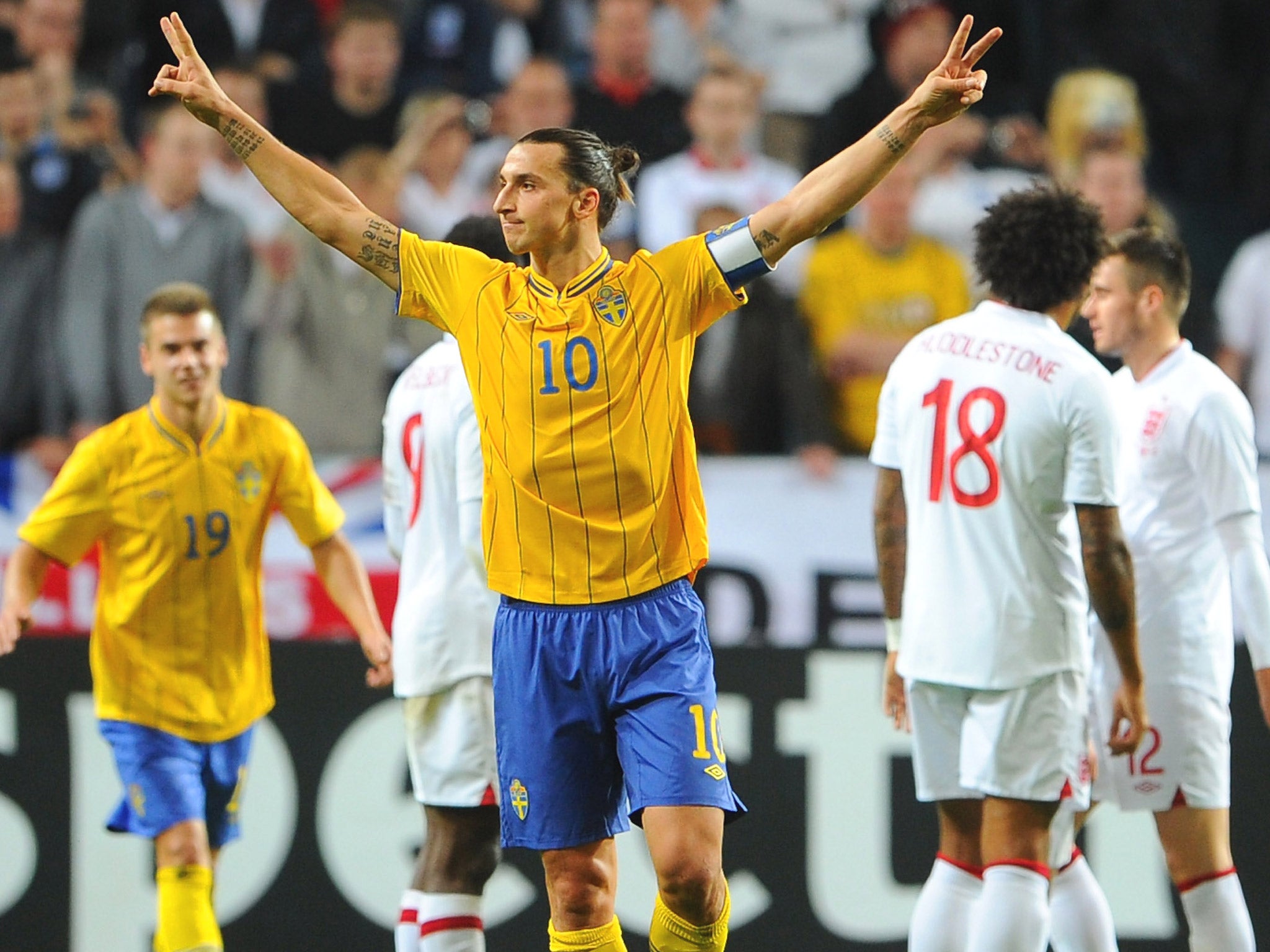 Zlatan Ibrahimovic celebrates his hat-trick goal