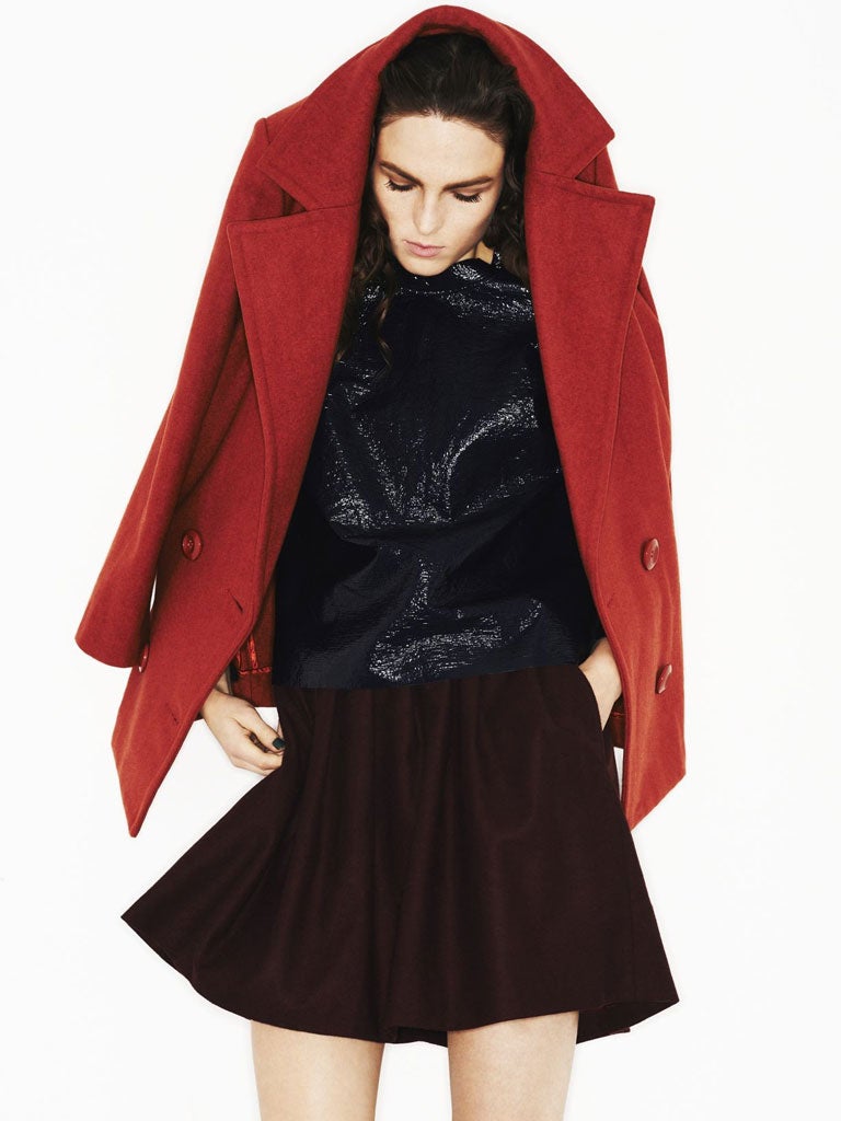 Long-sleeved top, £55, by Asos, asos.com; wool mini-skirt, £30, by Monki, monki.com; wool coat, £120, by Vero moda, veromoda.com