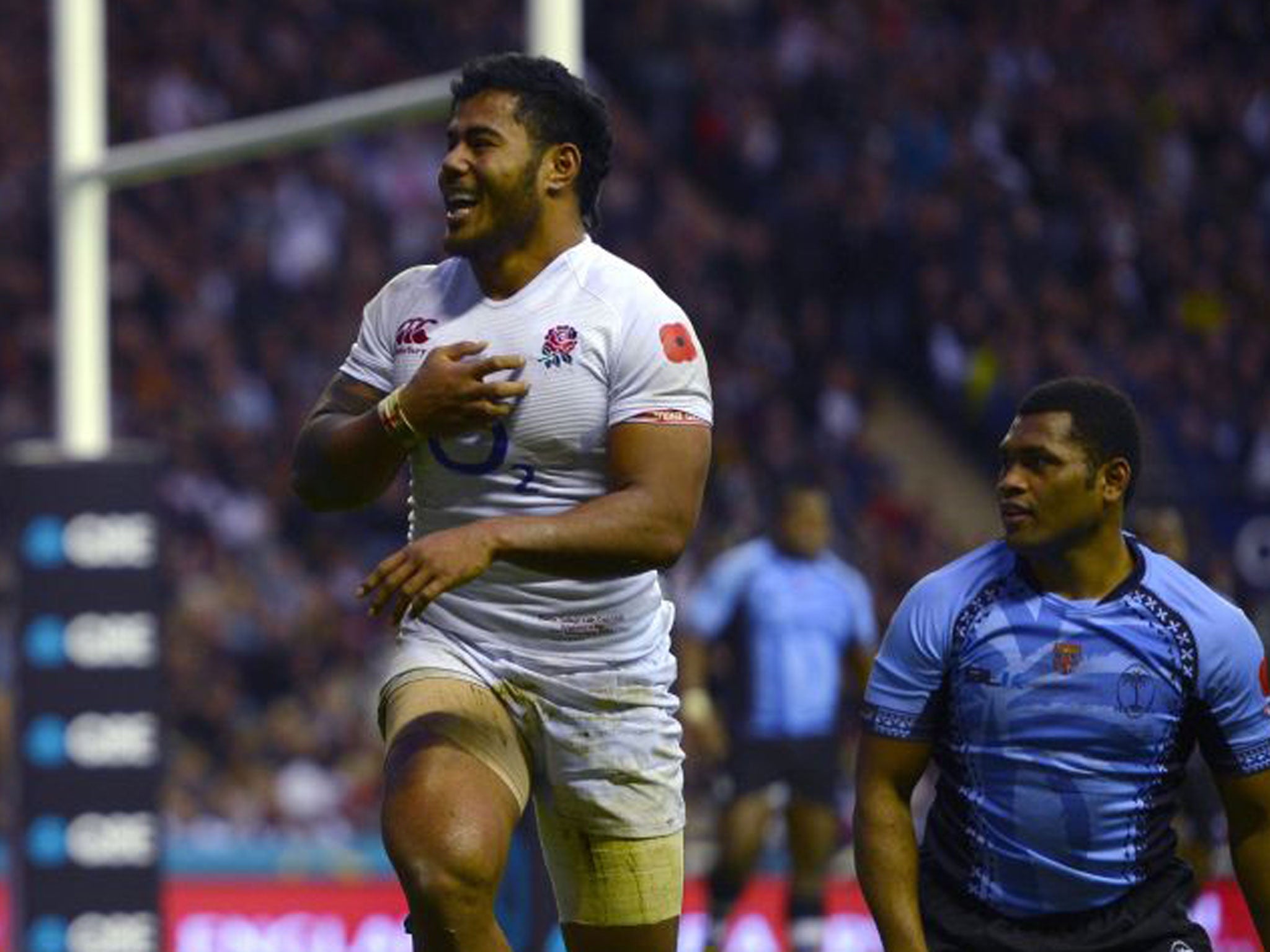 Manu Tuilagi celebrates one of his two tries last week