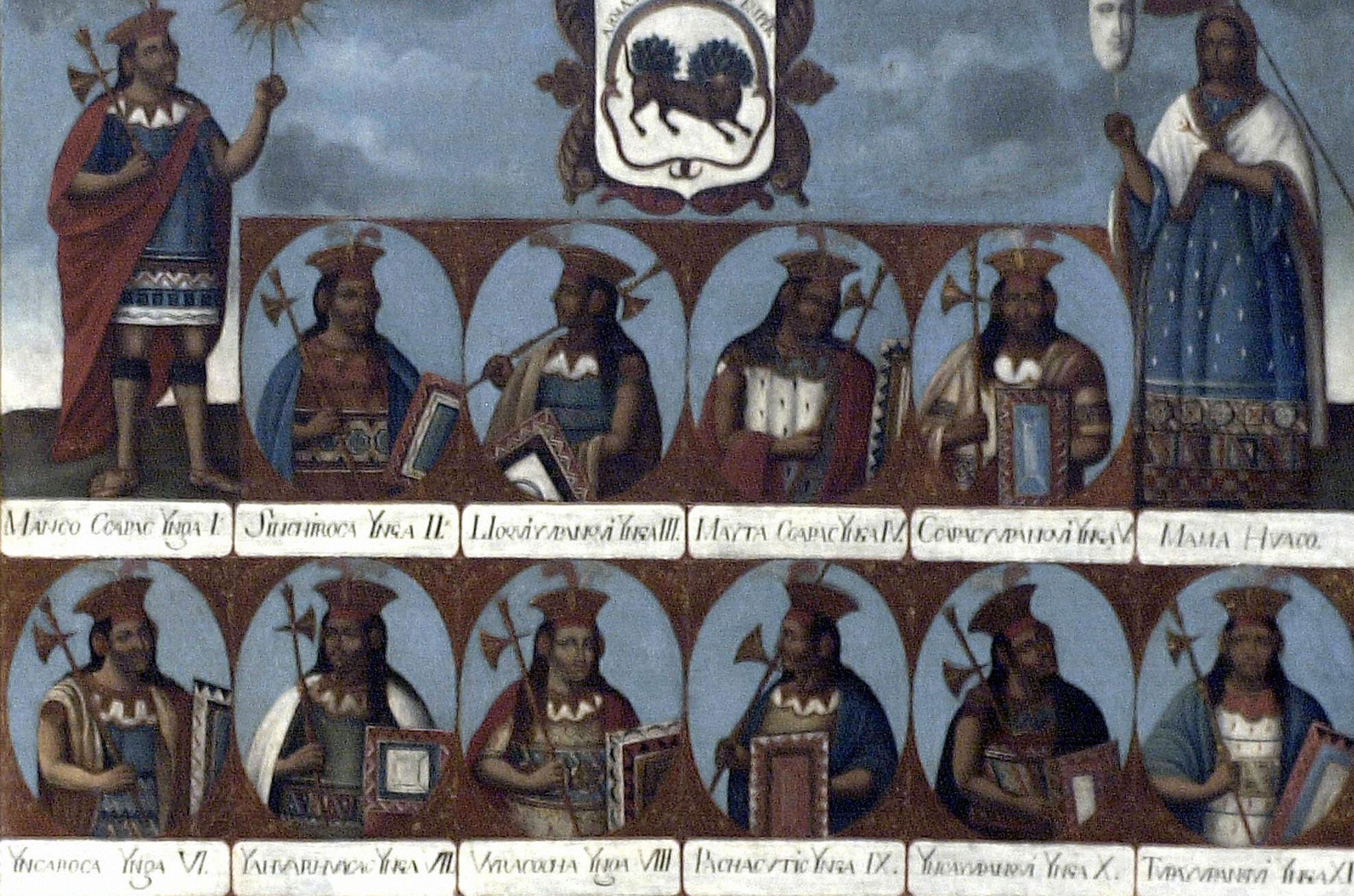 This picture taken 12 November 2004 at the Cuzco exhibition, Splendours of 17th and 18th Centuries Peruvian Painting, at the Grimaldi forum in Monaco, shows a 18th century painting 'Incas genealogy'.