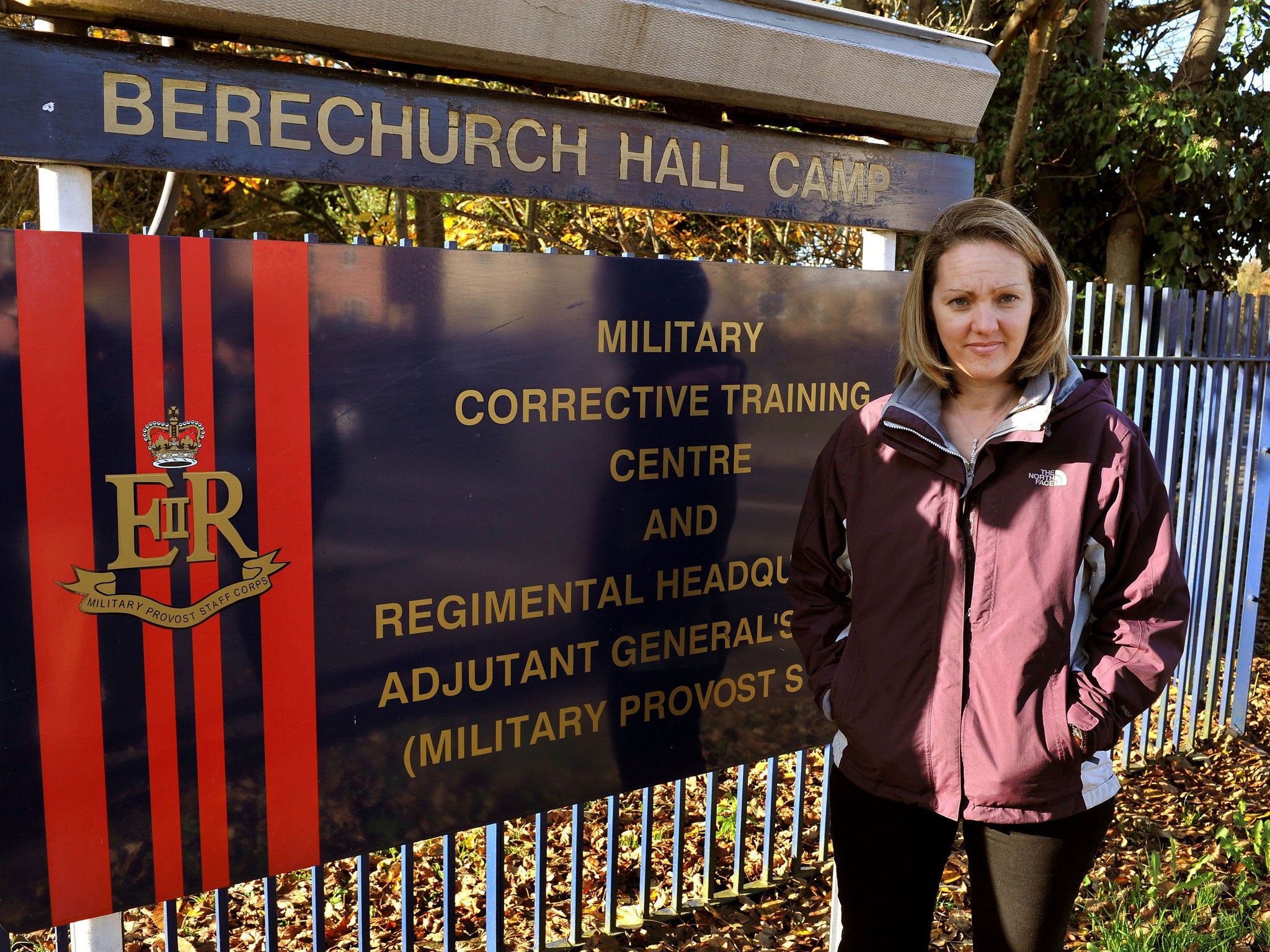 Sally Nightingale stands outside the Military Corrective Training Centre in Colchester where her husband Sergeant Danny Nightingale is being held