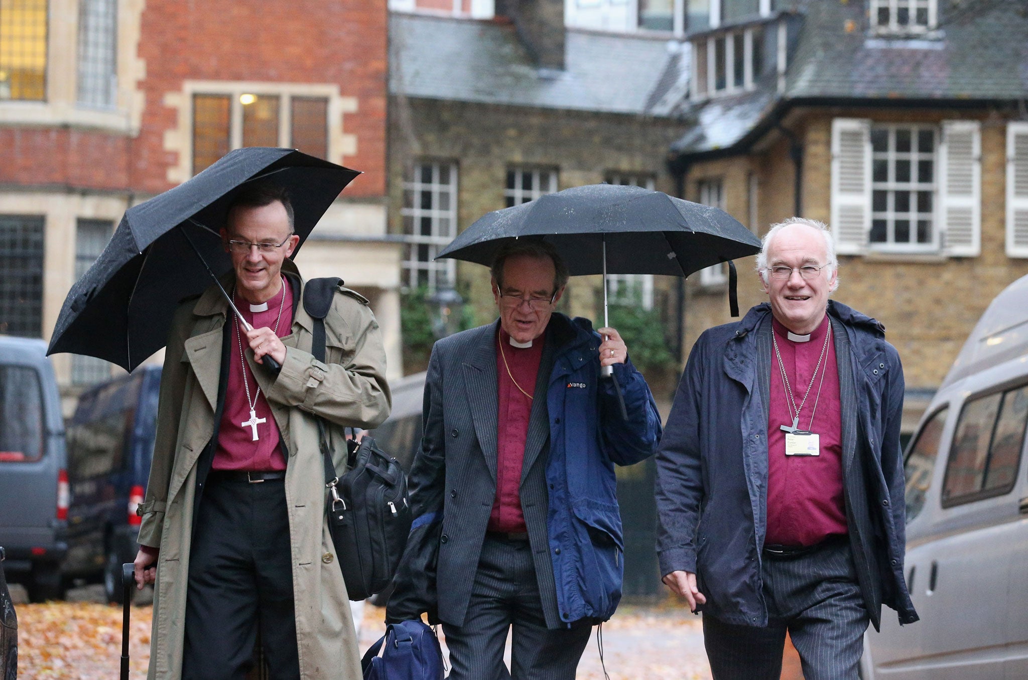 Bishops arrive at Church House to attend the final day of the General Synod on November 21, 2012 in London, England. The Church of England's governing body, known as the General Synod, voted to prevent women from becoming bishops.