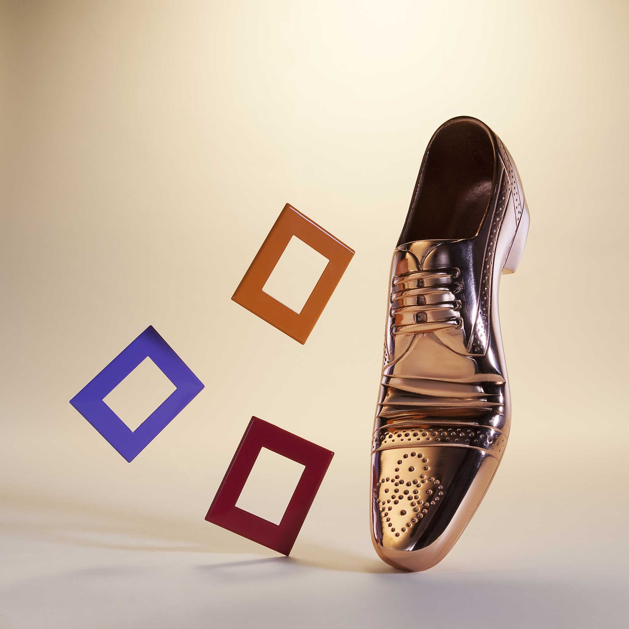 Eclectic bronze shoe door stop by Tom Dixon, £145, Selfridges; selection of frames, from £5, John Lewis