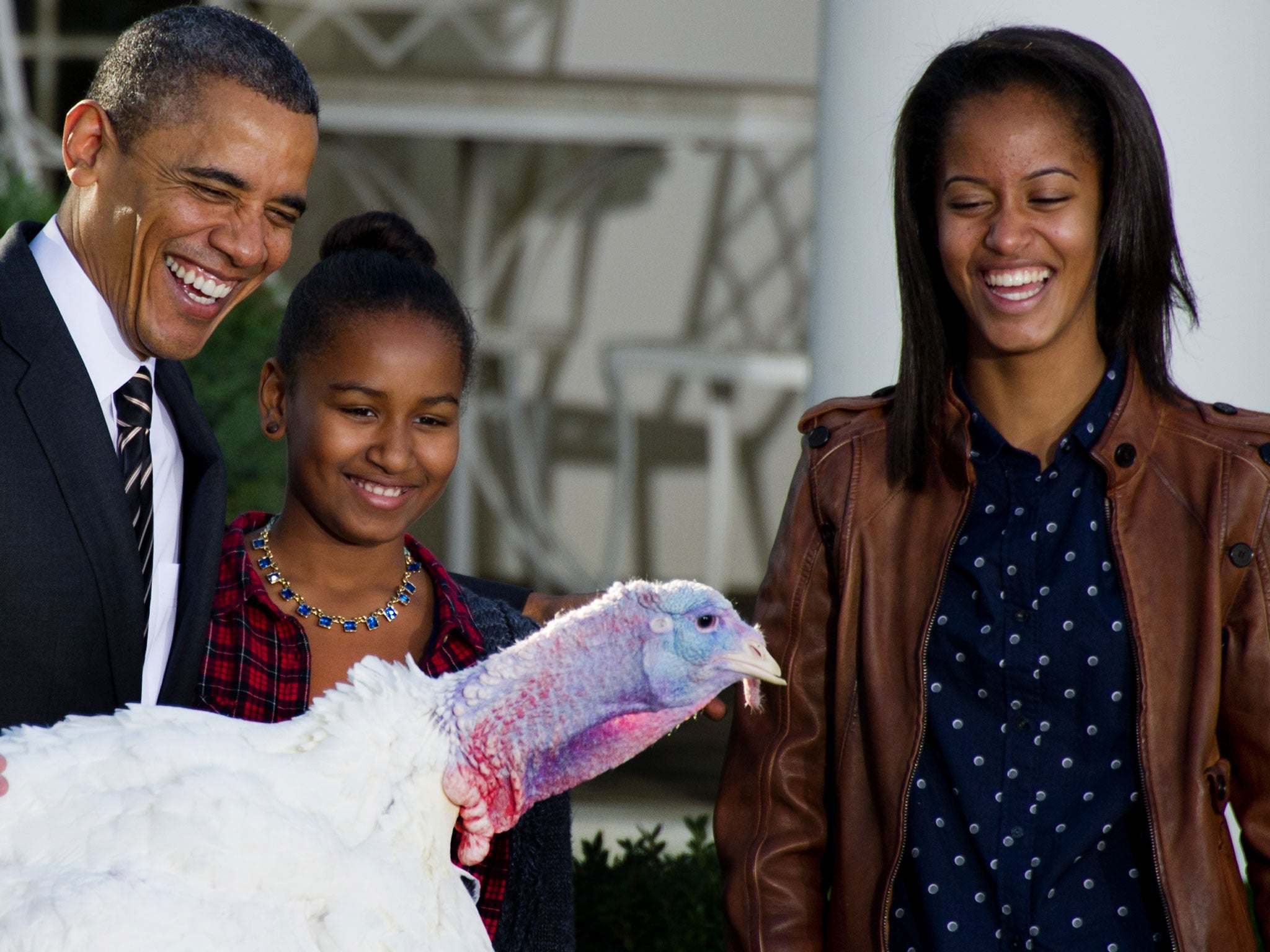 US President Barack Obama laughs with his daughters Sasha (C) and Malia in the Rose Garden of the White House during the annual Thanksgiving turkey pardon November 21, 2012 in Washington, DC, with the turkey Cobbler. Obama pardoned turkeys Cobbler and Gob