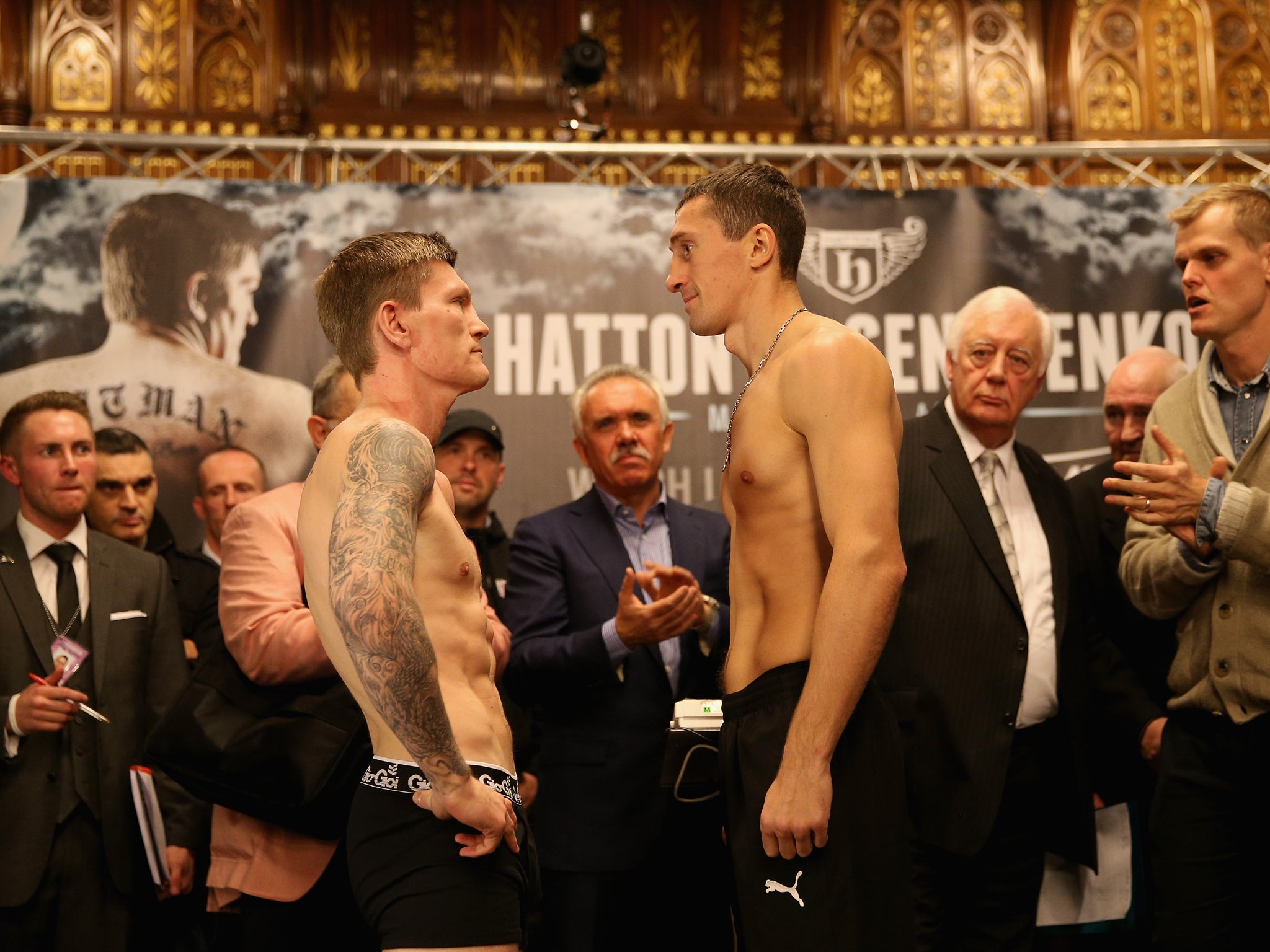 Ricky Hatton and Vyacheslav Senchenko square up yesterday in Manchester