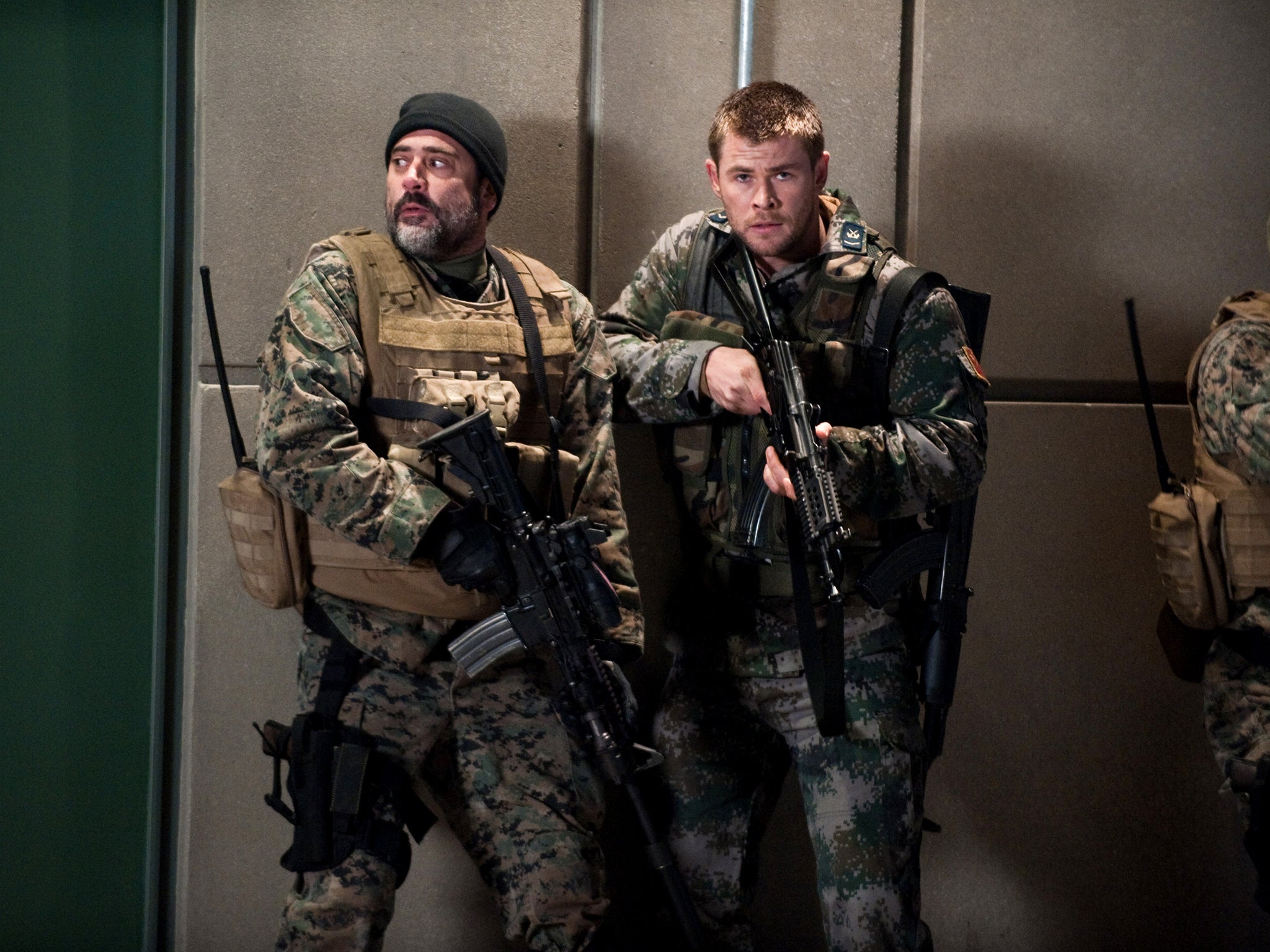 This film image released by Film District shows Jeffrey Dean Morgan, left, and Chris Hemsworth