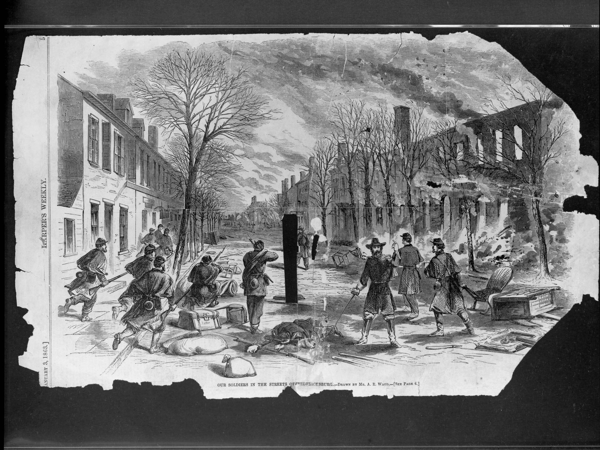 CIVILWAR DIG: This print of "Our Soldiers in the Streets of Fredericksburg," by A.R. Waud, shows Union troops under Confederate fire advancing with caution through the streets of Fredericksburg, Virginia in December 1862.