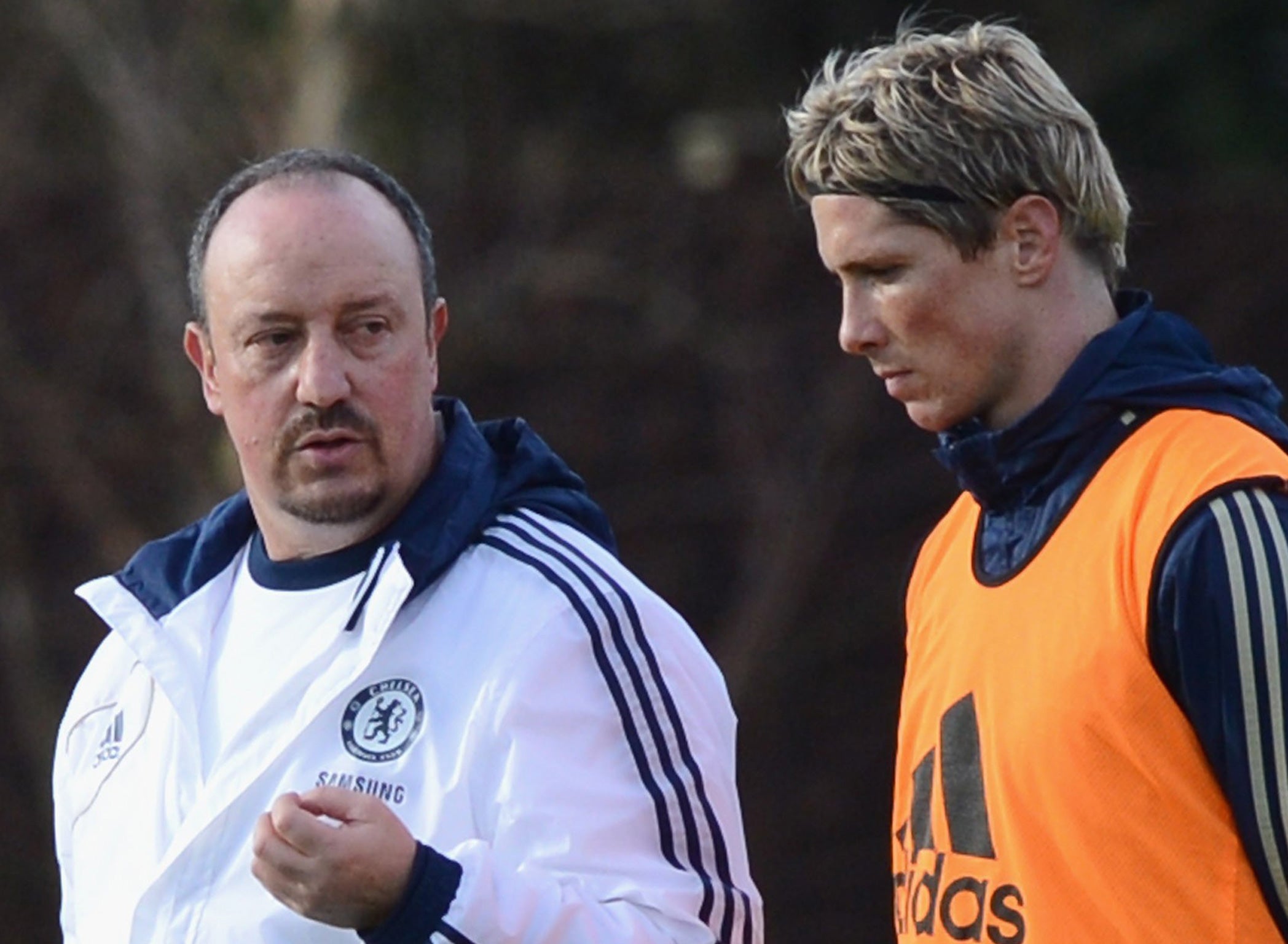 Helping hand: New manager Rafa Benitez gets straight down to work with Fernando Torres on the Chelsea training ground