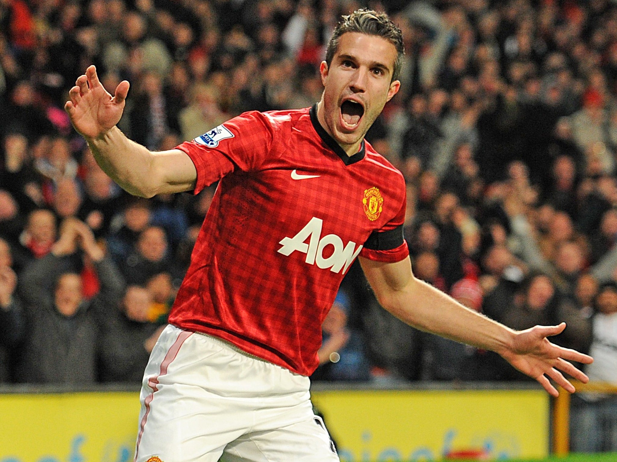 United's Robin van Persie celebrates his first-minute goal