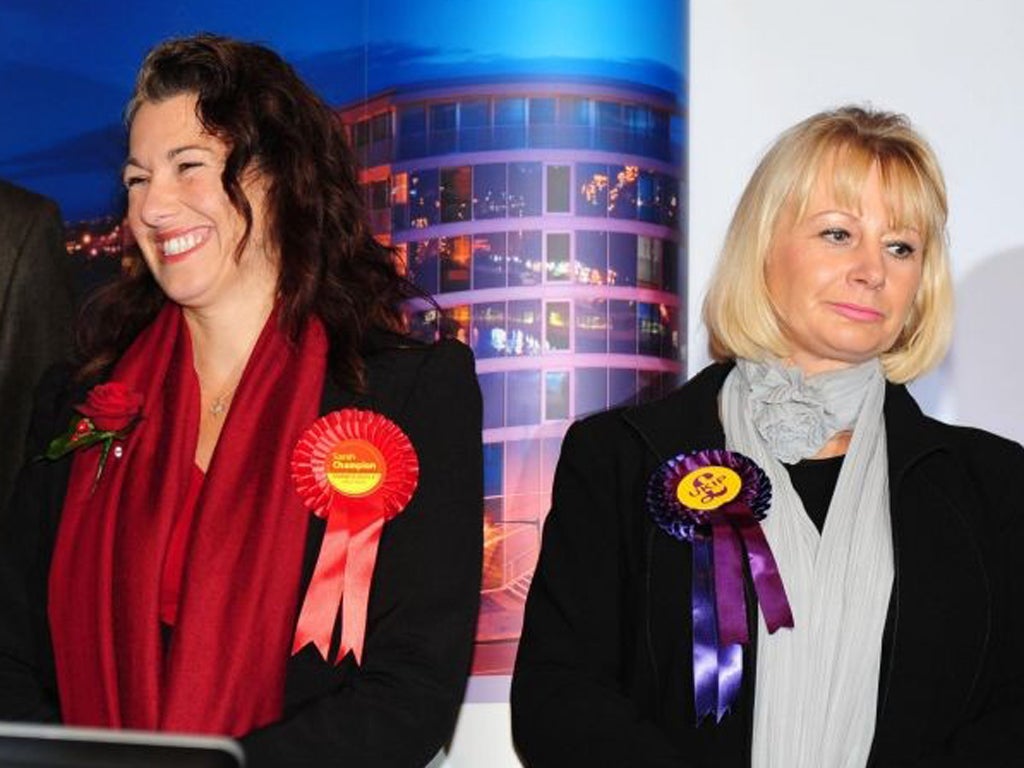 UKIP candidate Jane Collins (right) appears next to Labour's newly elected Member of Parliament Sarah Champion after she was declared the winner of the Rotherham by-election