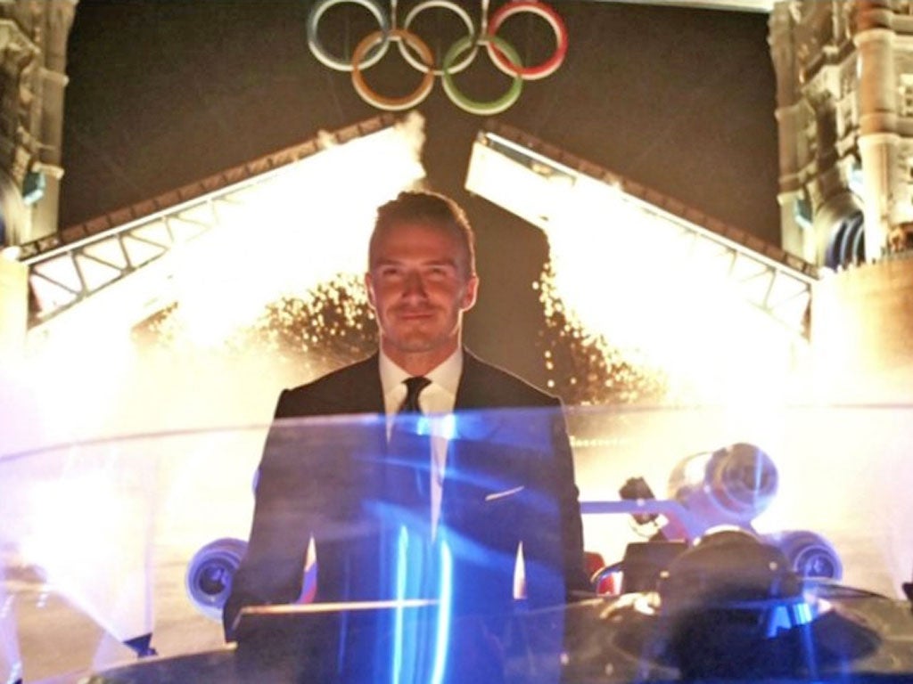 David Beckham driving the speedboat at the London Olympic Opening Ceremony