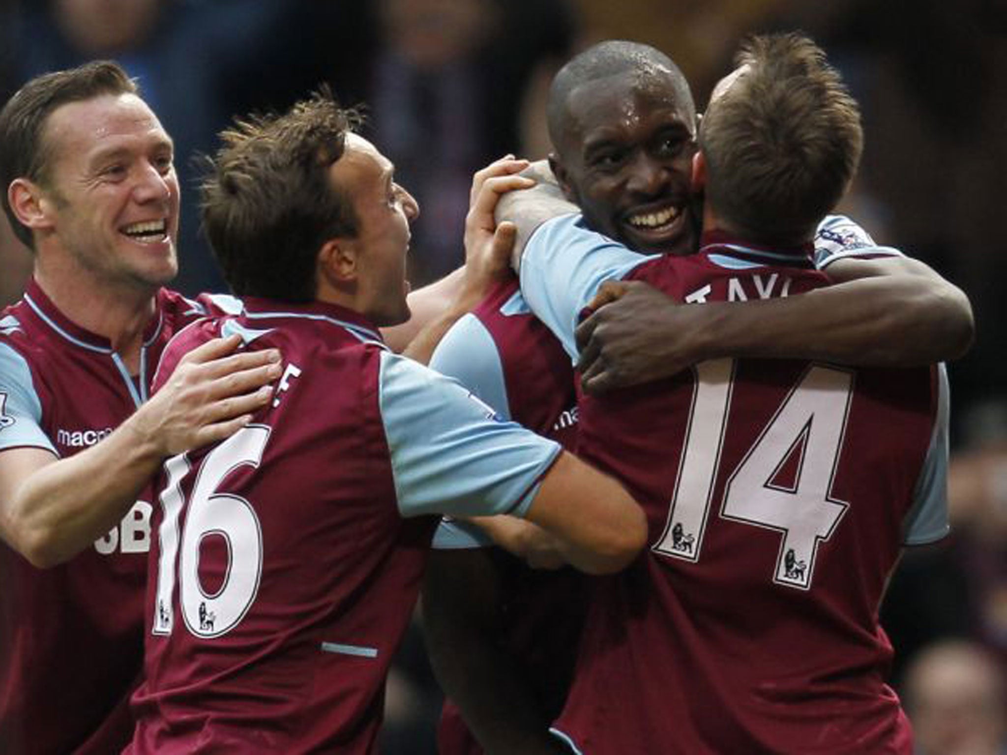 West Ham celebrate after Carlton Cole's equaliser