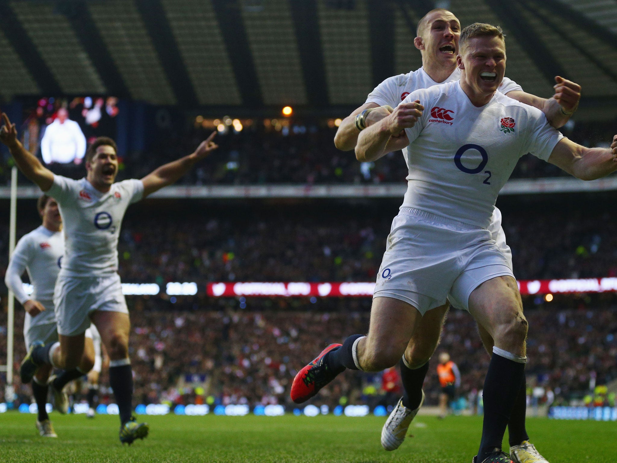 Ashton celebrates scoring his try for England